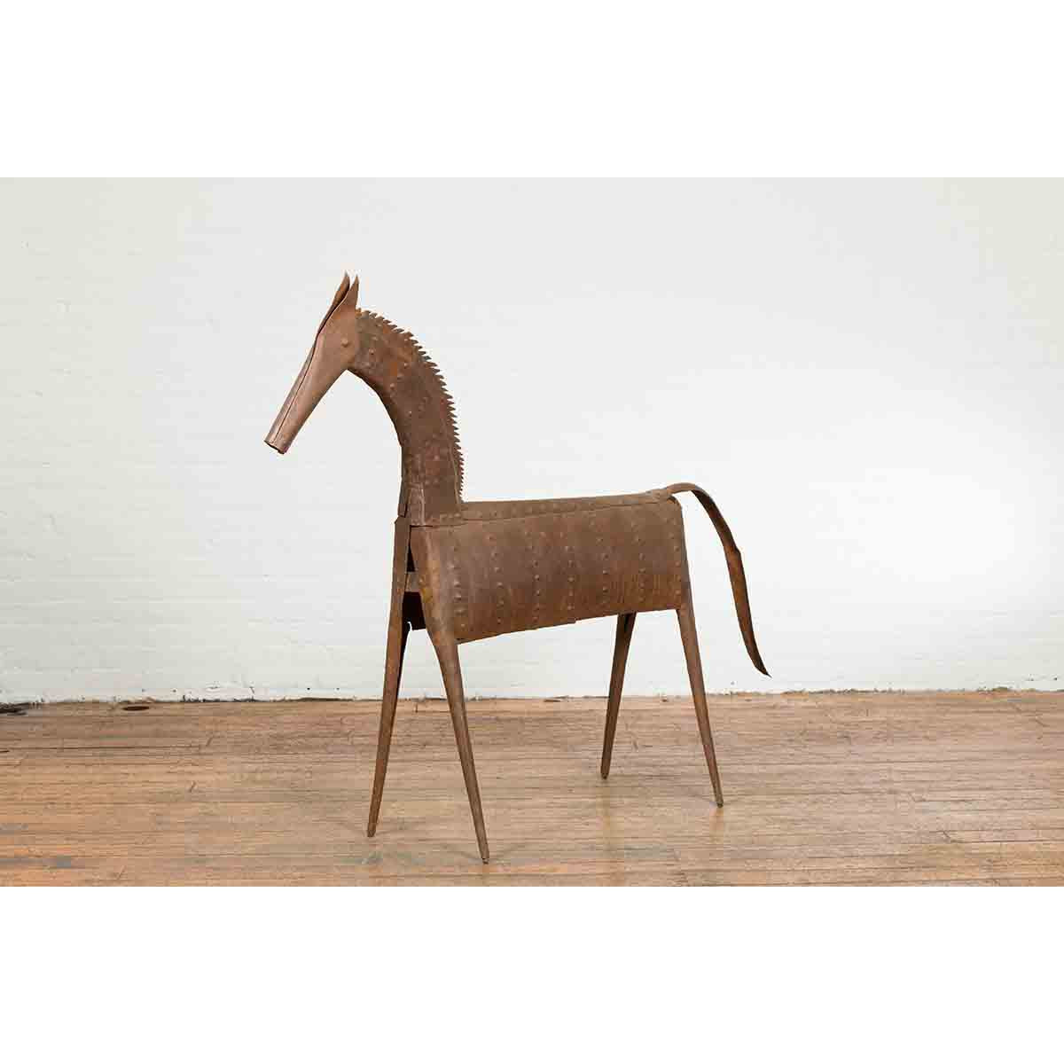 Vintage Indian Archaic Style Cast Iron Horse Sculpture with Rusty Patina-10. Asian & Chinese Furniture, Art, Antiques, Vintage Home Décor for sale at FEA Home