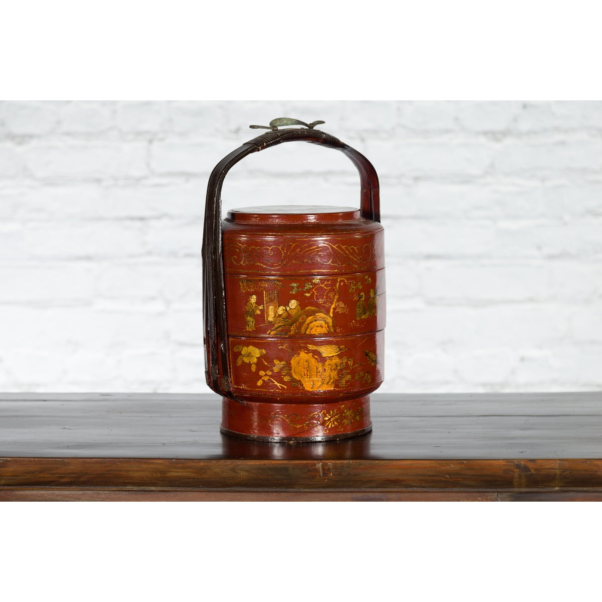 Chinese Early 20th Century Three-Tiered Red Lacquer Lunch Basket with Gilt Décor-11. Asian & Chinese Furniture, Art, Antiques, Vintage Home Décor for sale at FEA Home
