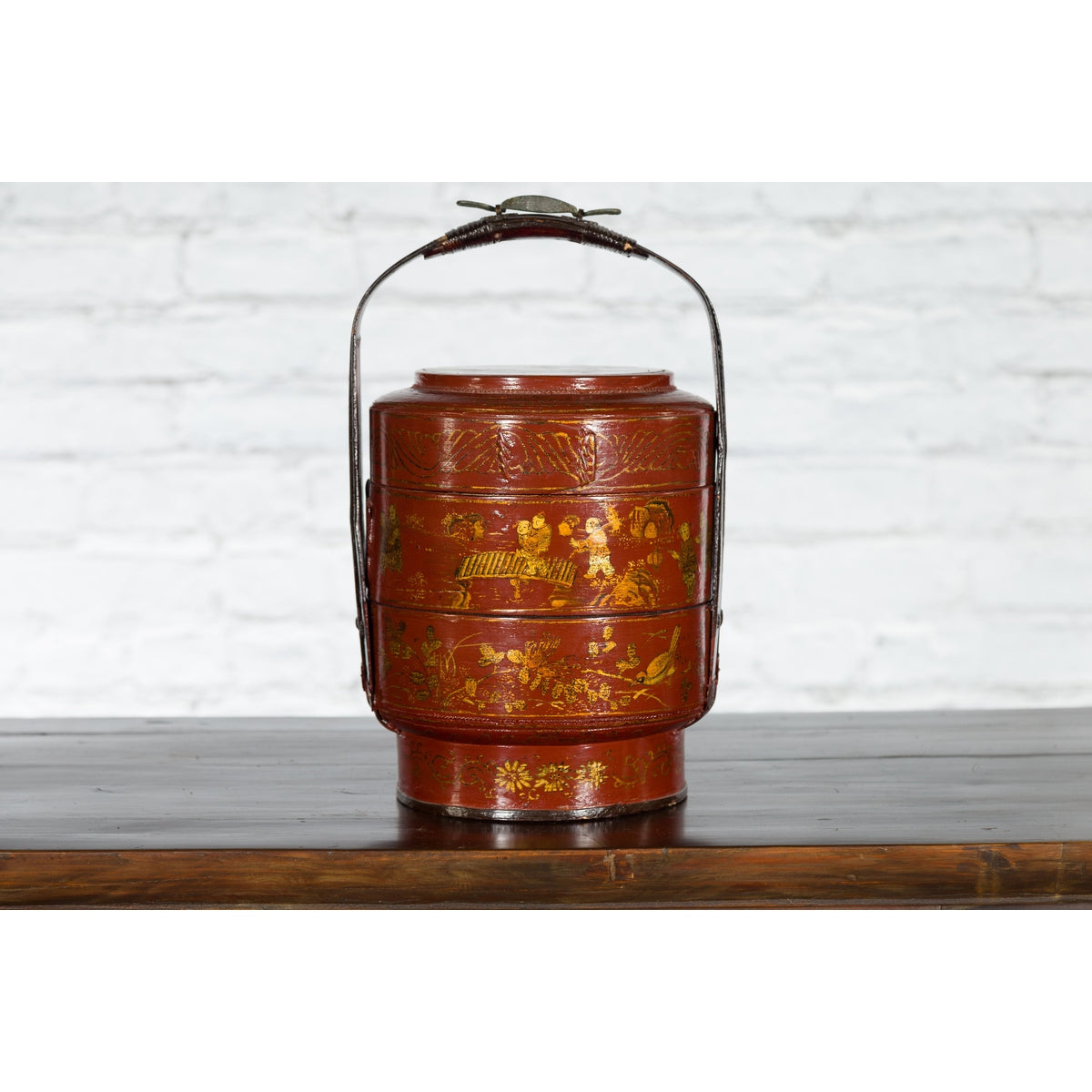 Chinese Early 20th Century Three-Tiered Red Lacquer Lunch Basket with Gilt Décor-13. Asian & Chinese Furniture, Art, Antiques, Vintage Home Décor for sale at FEA Home