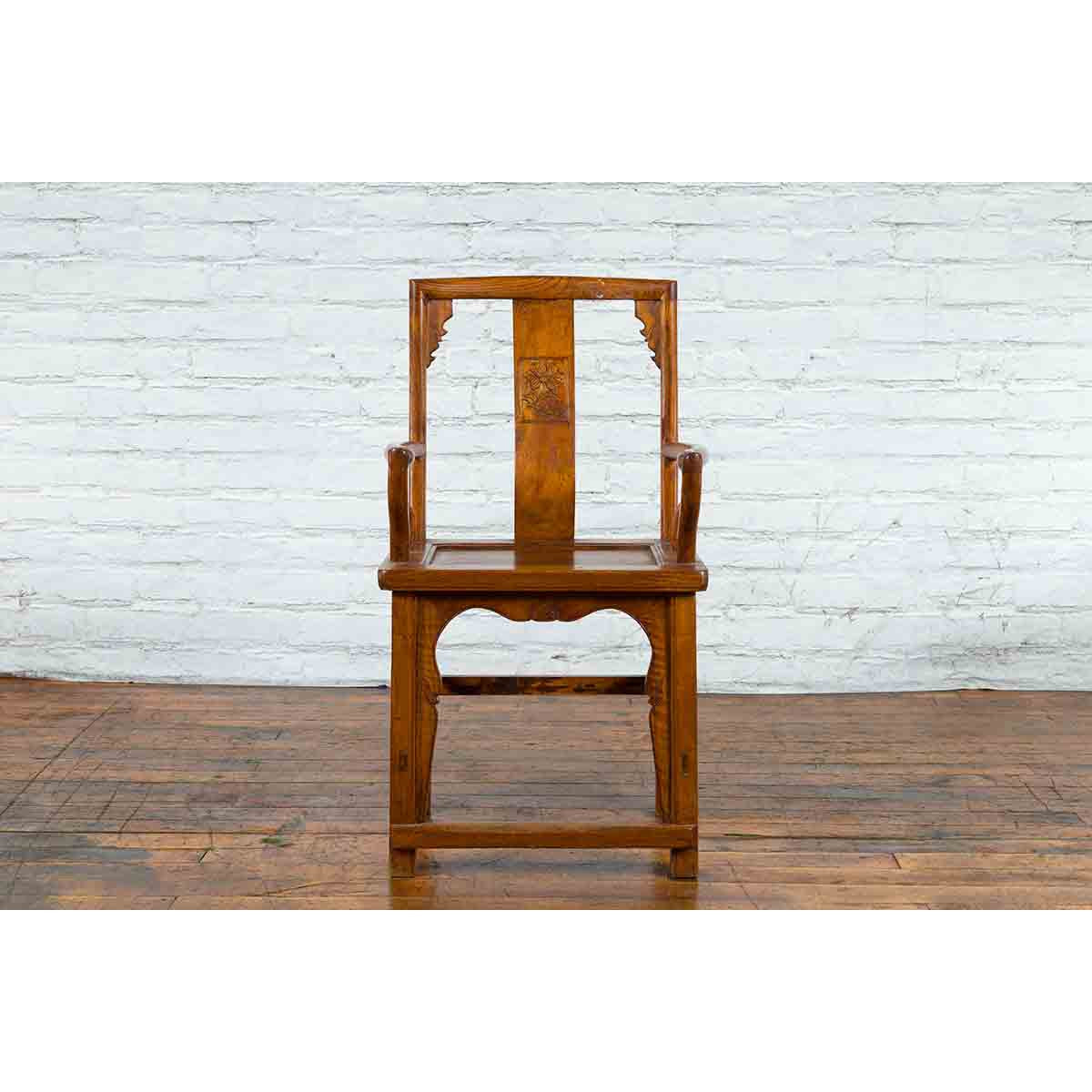 Chinese 19th Century Qing Chair with Open Arms and Hand-Carved Floral Motifs-13. Asian & Chinese Furniture, Art, Antiques, Vintage Home Décor for sale at FEA Home
