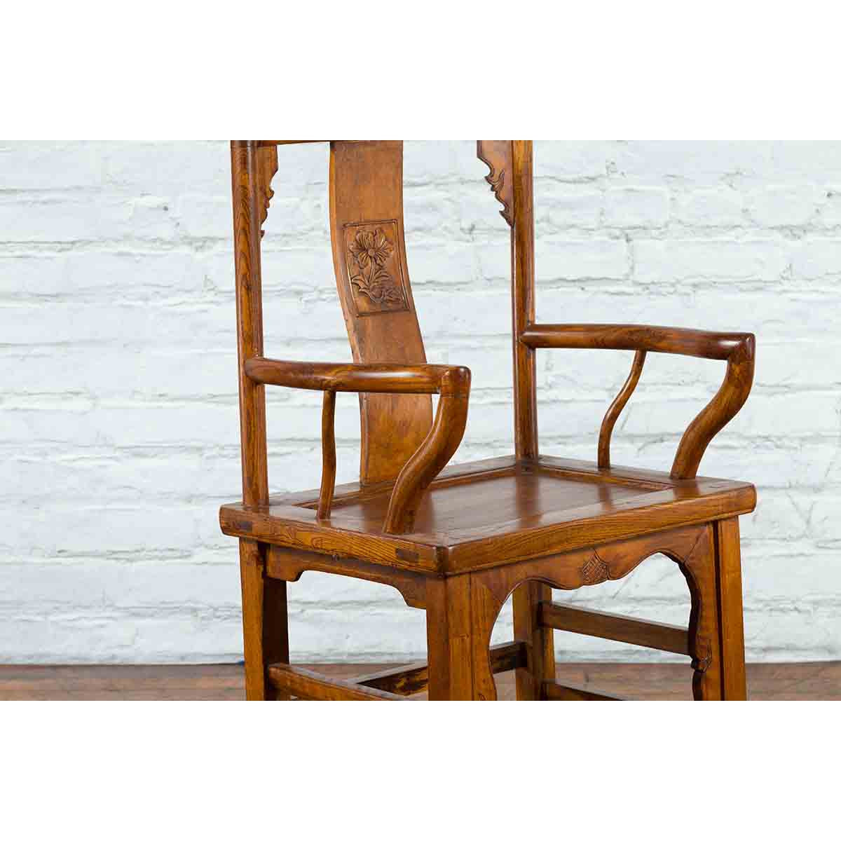 Chinese 19th Century Qing Chair with Open Arms and Hand-Carved Floral Motifs-11. Asian & Chinese Furniture, Art, Antiques, Vintage Home Décor for sale at FEA Home