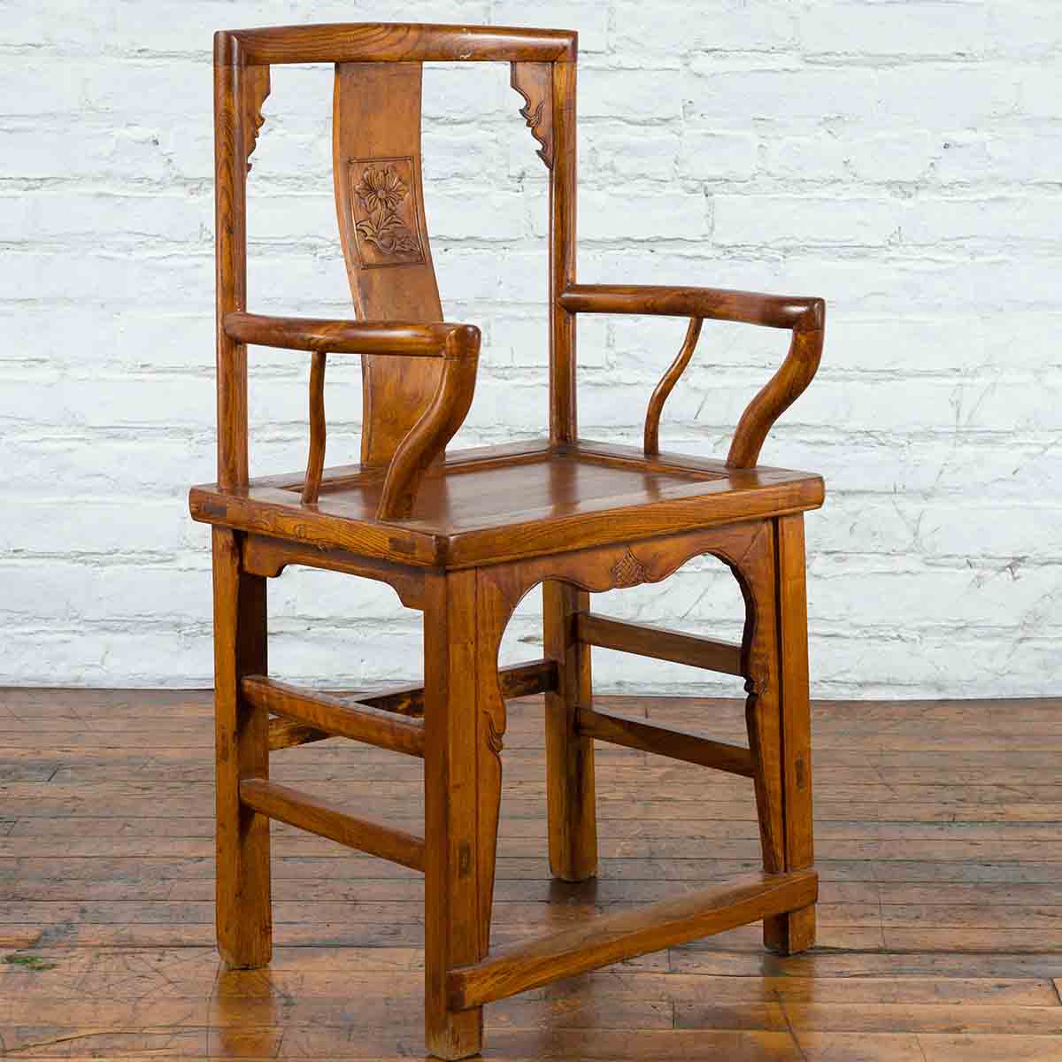 Chinese 19th Century Qing Chair with Open Arms and Hand-Carved Floral Motifs-3. Asian & Chinese Furniture, Art, Antiques, Vintage Home Décor for sale at FEA Home