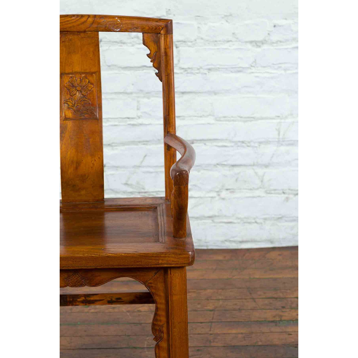 Chinese 19th Century Qing Chair with Open Arms and Hand-Carved Floral Motifs-16. Asian & Chinese Furniture, Art, Antiques, Vintage Home Décor for sale at FEA Home