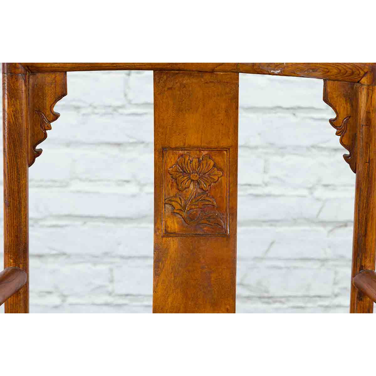 Chinese 19th Century Qing Chair with Open Arms and Hand-Carved Floral Motifs-7. Asian & Chinese Furniture, Art, Antiques, Vintage Home Décor for sale at FEA Home
