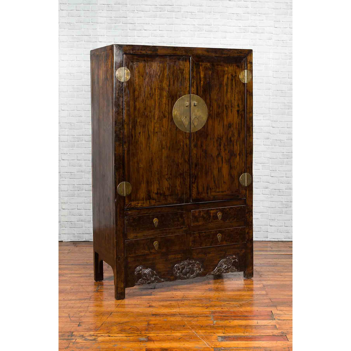 Chinese Qing Dynasty 19th Century Dark Brown Elm Cabinet with Doors and Drawers-3. Asian & Chinese Furniture, Art, Antiques, Vintage Home Décor for sale at FEA Home