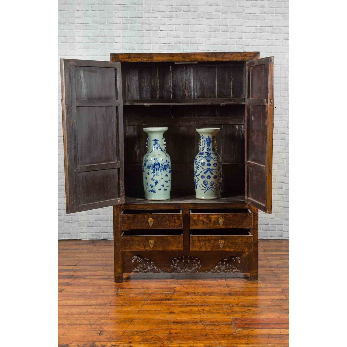 Chinese Qing Dynasty 19th Century Dark Brown Elm Cabinet with Doors and Drawers-4. Asian & Chinese Furniture, Art, Antiques, Vintage Home Décor for sale at FEA Home