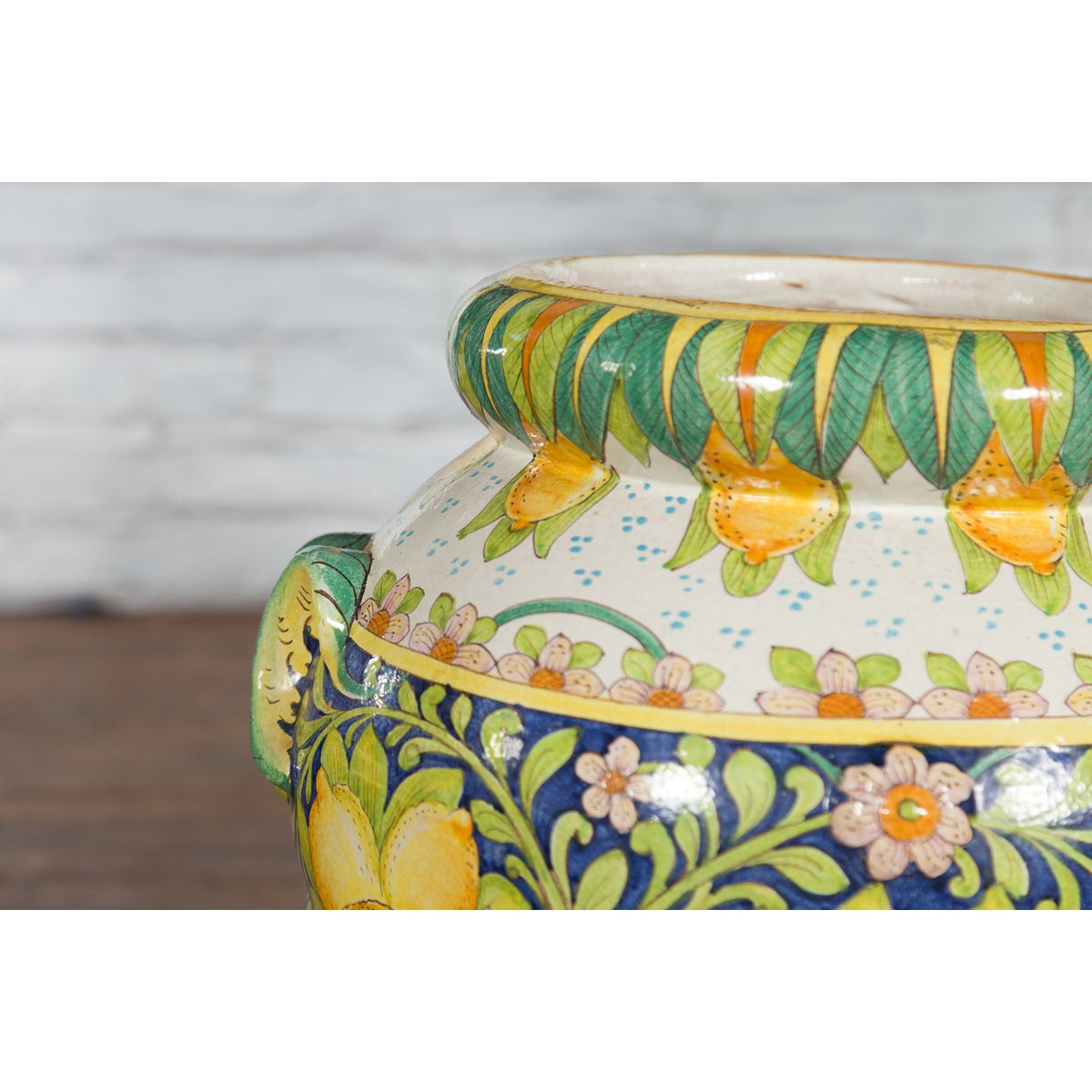 Large Hand-Painted Yellow and Green Jar with Lemons and Scrolling Foliage-11. Asian & Chinese Furniture, Art, Antiques, Vintage Home Décor for sale at FEA Home