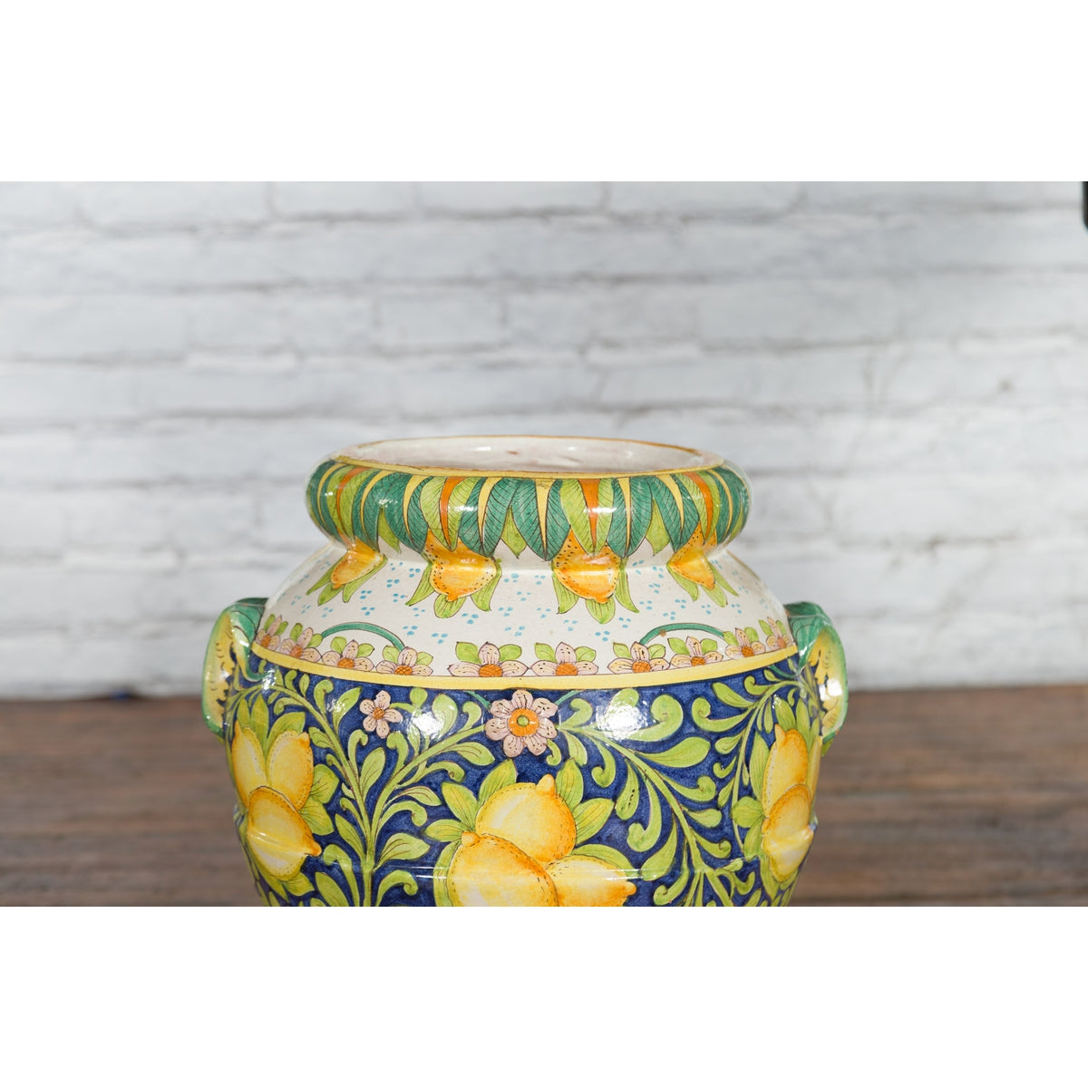 Large Hand-Painted Yellow and Green Jar with Lemons and Scrolling Foliage-5. Asian & Chinese Furniture, Art, Antiques, Vintage Home Décor for sale at FEA Home
