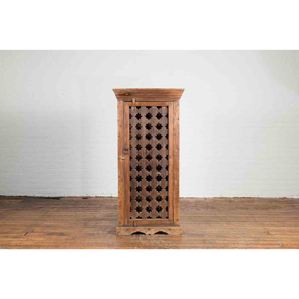 19th Century Indian Wooden Cabinet with Single Fretwork Door and Brass Handle-3. Asian & Chinese Furniture, Art, Antiques, Vintage Home Décor for sale at FEA Home
