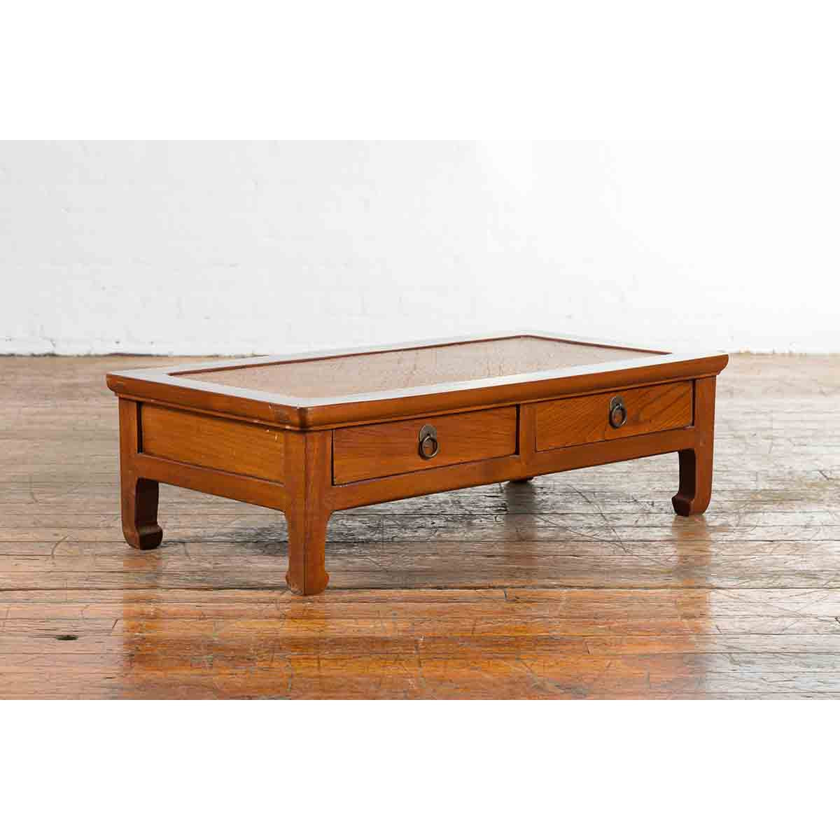 Chinese Vintage Low Elmwood Table with Rattan Inset Top and Two Drawers-5. Asian & Chinese Furniture, Art, Antiques, Vintage Home Décor for sale at FEA Home