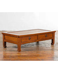 Chinese Vintage Low Elmwood Table with Rattan Inset Top and Two Drawers-5. Asian & Chinese Furniture, Art, Antiques, Vintage Home Décor for sale at FEA Home