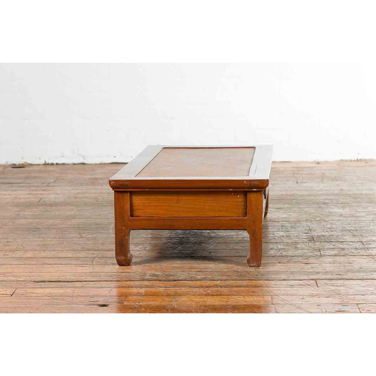 Chinese Vintage Low Elmwood Table with Rattan Inset Top and Two Drawers-13. Asian & Chinese Furniture, Art, Antiques, Vintage Home Décor for sale at FEA Home