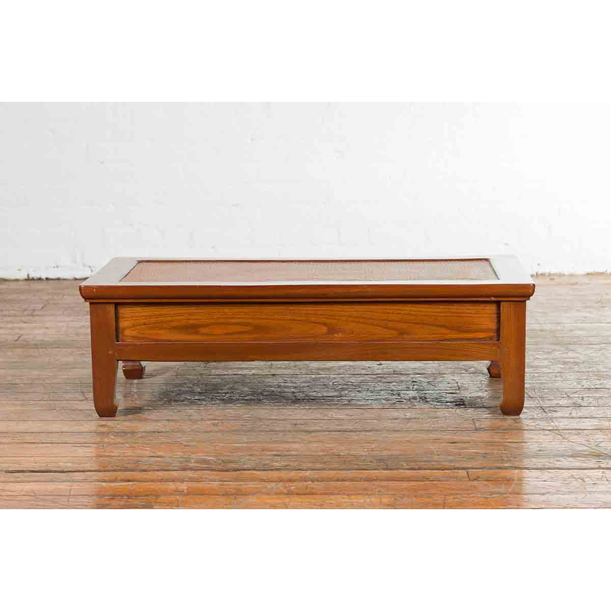 Chinese Vintage Low Elmwood Table with Rattan Inset Top and Two Drawers-14. Asian & Chinese Furniture, Art, Antiques, Vintage Home Décor for sale at FEA Home
