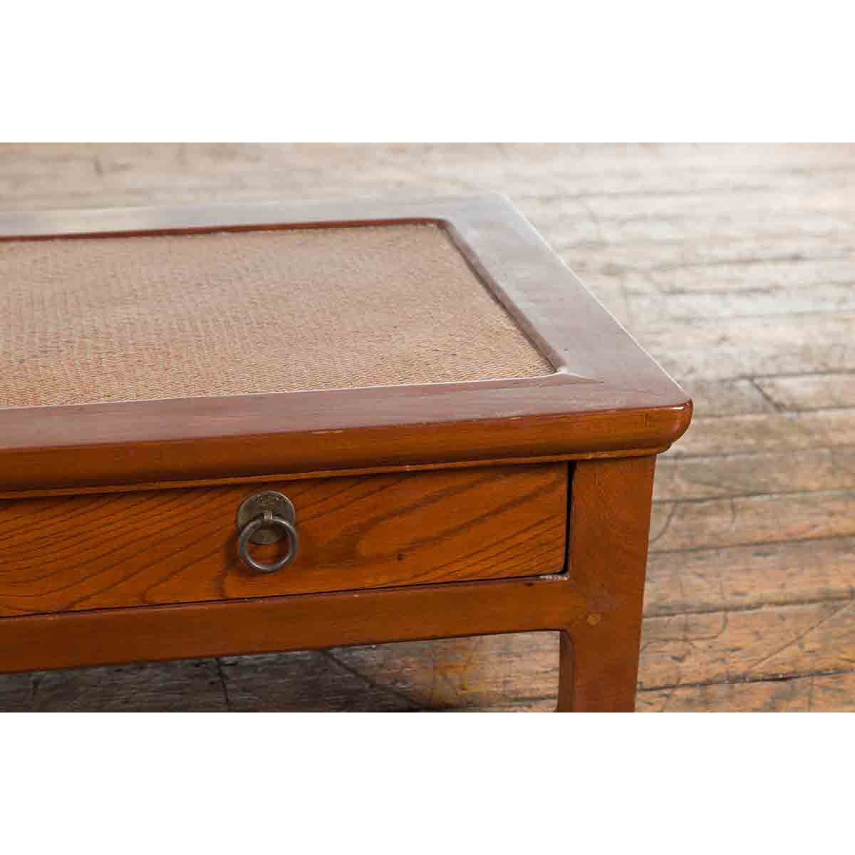 Chinese Vintage Low Elmwood Table with Rattan Inset Top and Two Drawers-10. Asian & Chinese Furniture, Art, Antiques, Vintage Home Décor for sale at FEA Home