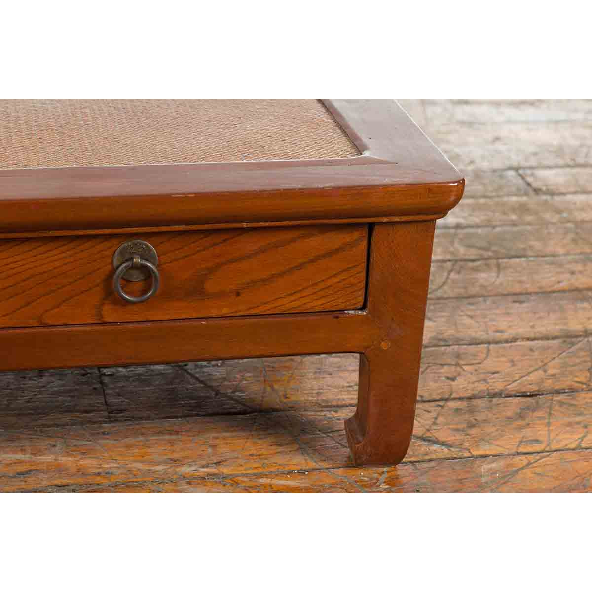 Chinese Vintage Low Elmwood Table with Rattan Inset Top and Two Drawers-11. Asian & Chinese Furniture, Art, Antiques, Vintage Home Décor for sale at FEA Home