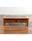 Chinese Vintage Low Elmwood Table with Rattan Inset Top and Two Drawers-12. Asian & Chinese Furniture, Art, Antiques, Vintage Home Décor for sale at FEA Home