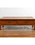 Chinese Vintage Low Elmwood Table with Rattan Inset Top and Two Drawers-2. Asian & Chinese Furniture, Art, Antiques, Vintage Home Décor for sale at FEA Home