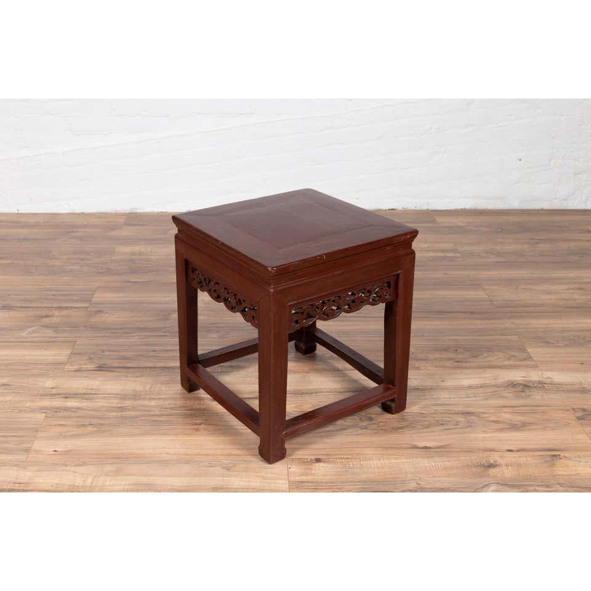 Vintage Chinese Side Table with Dark Red Patina and Foliage Hand Carved Apron-4. Asian & Chinese Furniture, Art, Antiques, Vintage Home Décor for sale at FEA Home