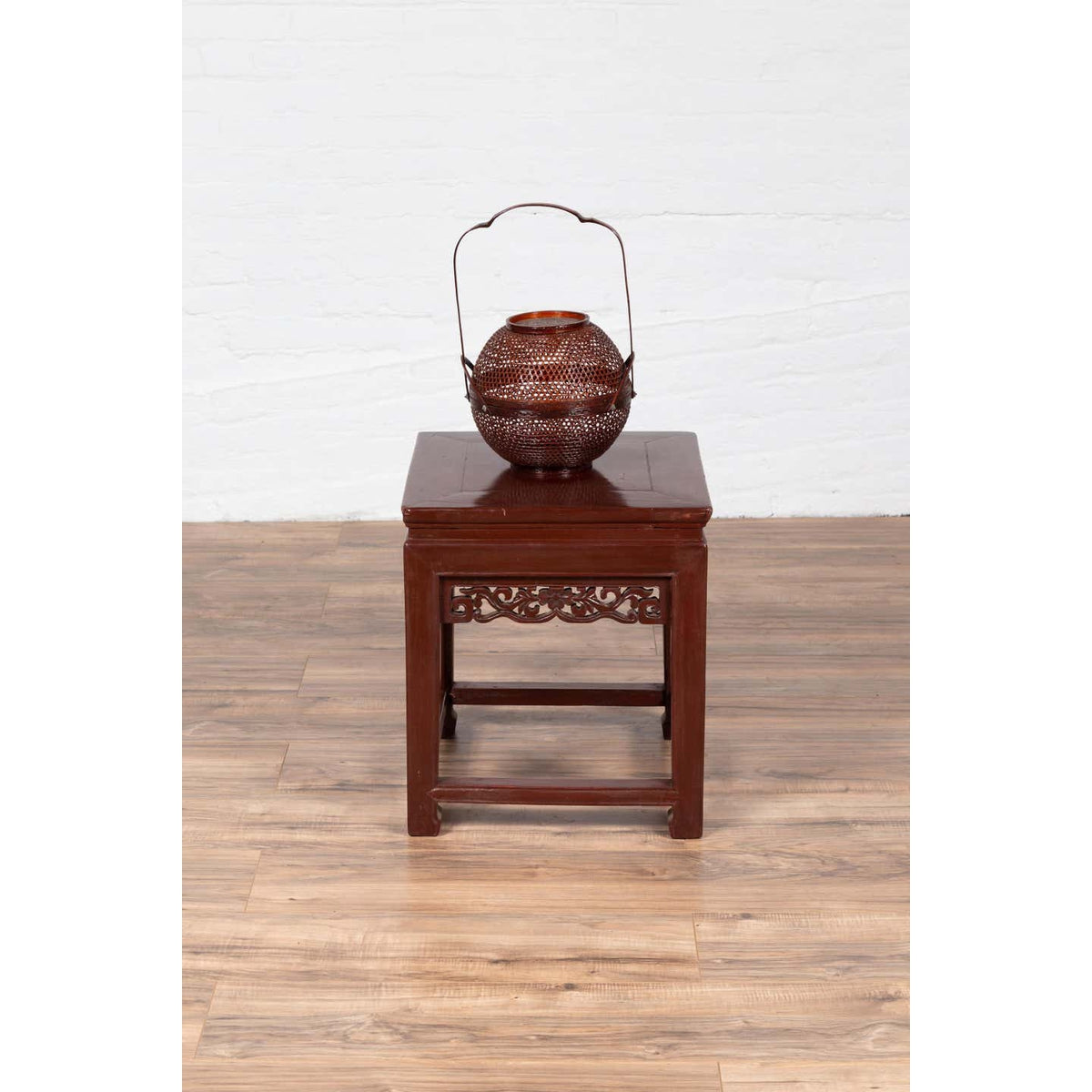 Vintage Chinese Side Table with Dark Red Patina and Foliage Hand Carved Apron-3. Asian & Chinese Furniture, Art, Antiques, Vintage Home Décor for sale at FEA Home