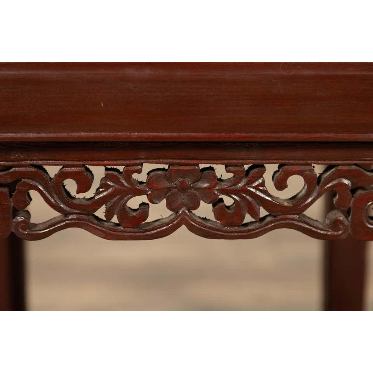 Vintage Chinese Side Table with Dark Red Patina and Foliage Hand Carved Apron-9. Asian & Chinese Furniture, Art, Antiques, Vintage Home Décor for sale at FEA Home