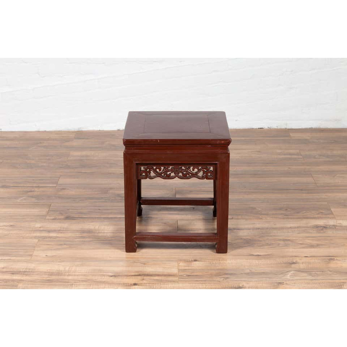 Vintage Chinese Side Table with Dark Red Patina and Foliage Hand Carved Apron-5. Asian & Chinese Furniture, Art, Antiques, Vintage Home Décor for sale at FEA Home