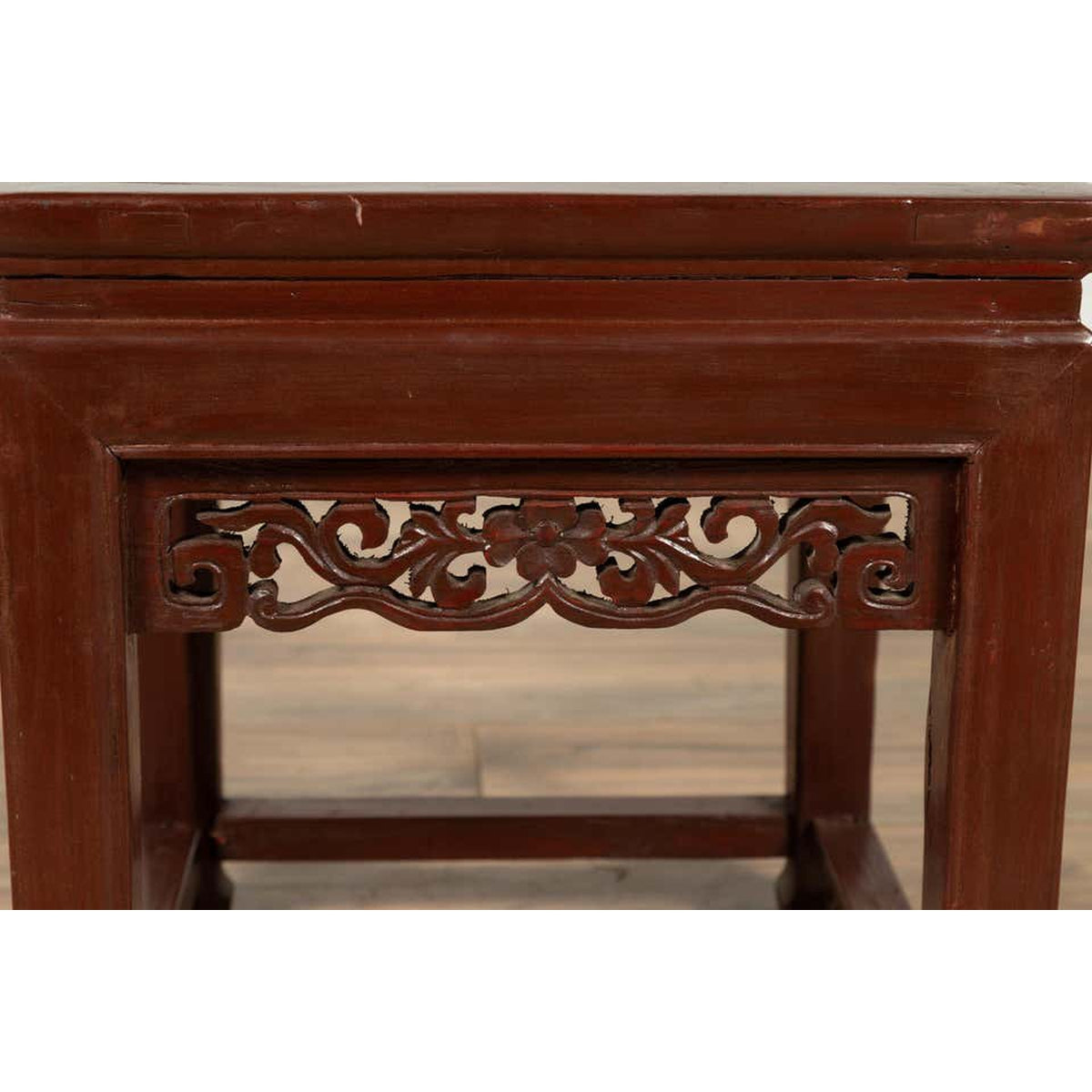 Vintage Chinese Side Table with Dark Red Patina and Foliage Hand Carved Apron-8. Asian & Chinese Furniture, Art, Antiques, Vintage Home Décor for sale at FEA Home