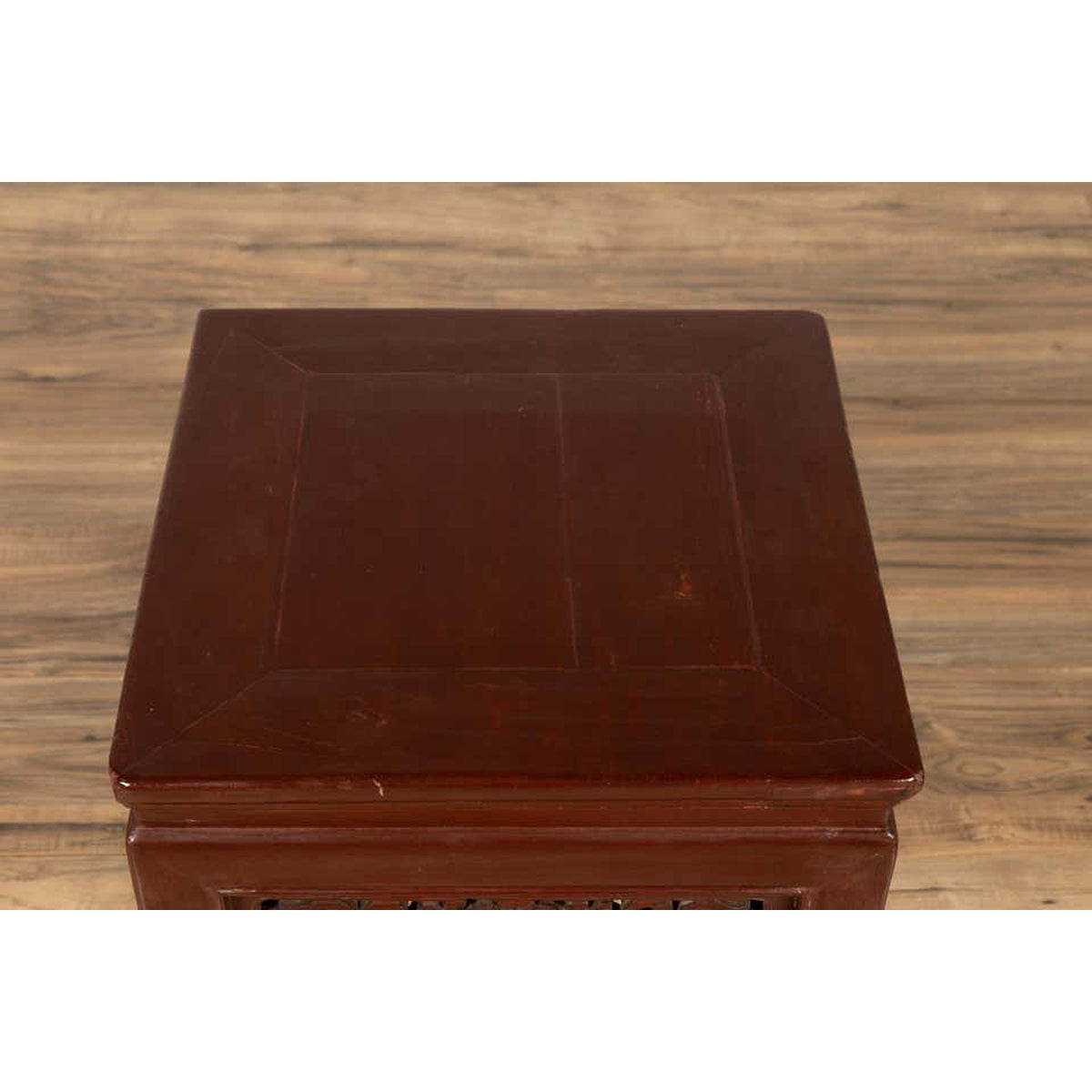 Vintage Chinese Side Table with Dark Red Patina and Foliage Hand Carved Apron-7. Asian & Chinese Furniture, Art, Antiques, Vintage Home Décor for sale at FEA Home