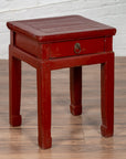 Chinese Early 20th Century Red Lacquer Stool with Drawer and Horse-Hoof Legs-2. Asian & Chinese Furniture, Art, Antiques, Vintage Home Décor for sale at FEA Home