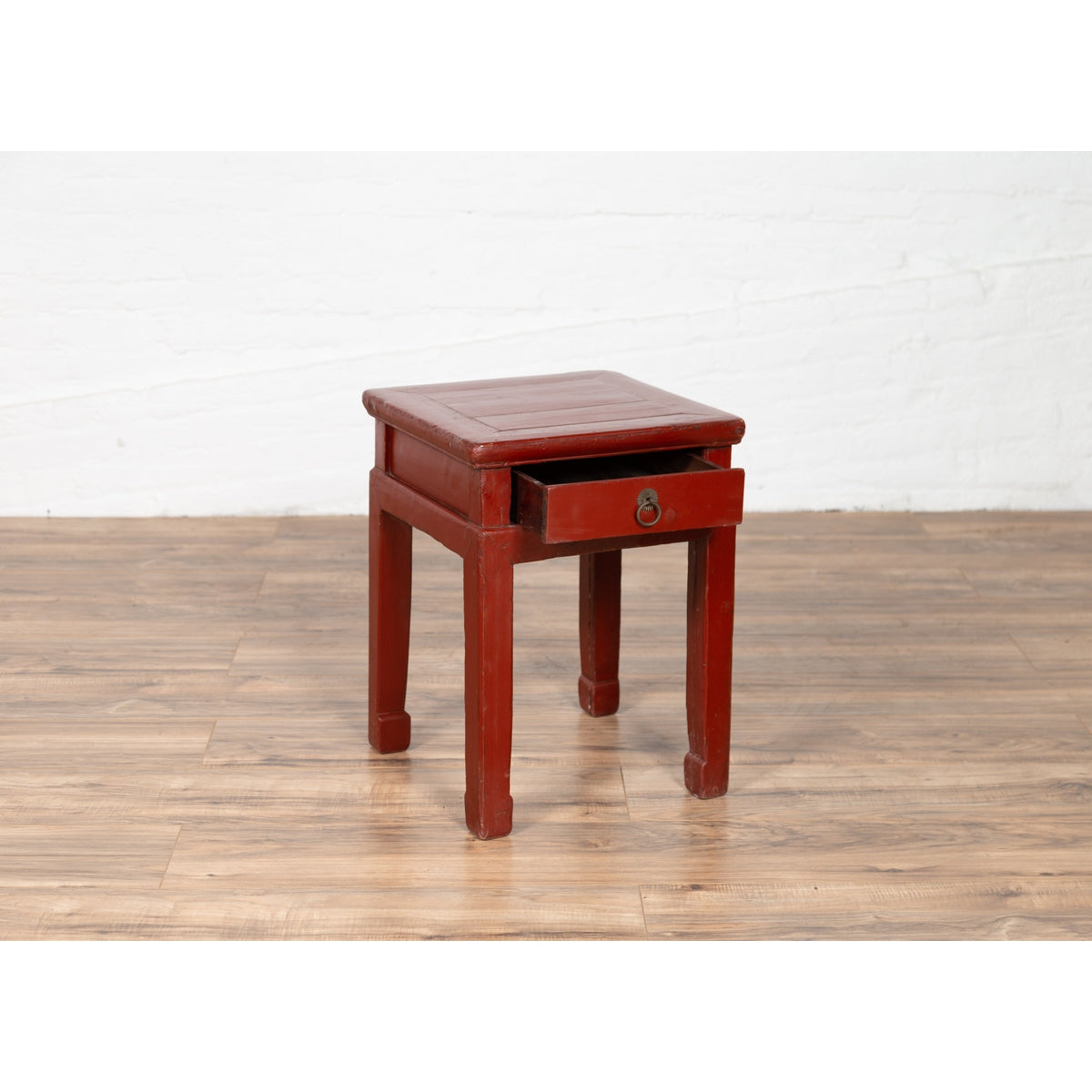 Chinese Early 20th Century Red Lacquer Stool with Drawer and Horse-Hoof Legs-5. Asian & Chinese Furniture, Art, Antiques, Vintage Home Décor for sale at FEA Home