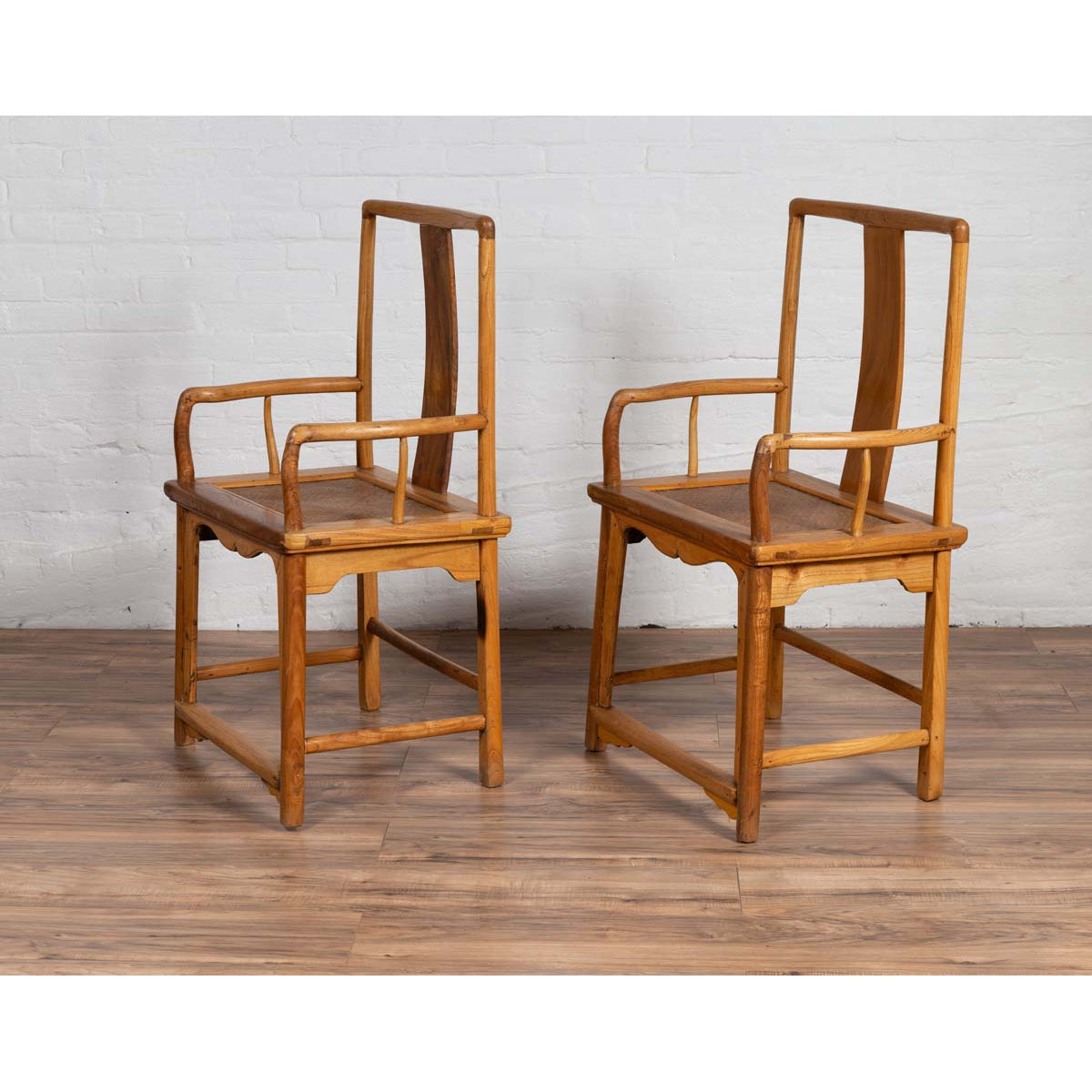 Ming Dynasty Style Wedding Armchairs with Curving Arms and Woven Rattan Seats-5. Asian & Chinese Furniture, Art, Antiques, Vintage Home Décor for sale at FEA Home