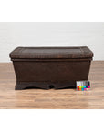 Dark brown rattan basket coffee table with lid on wooden floor, color card positioned in front.