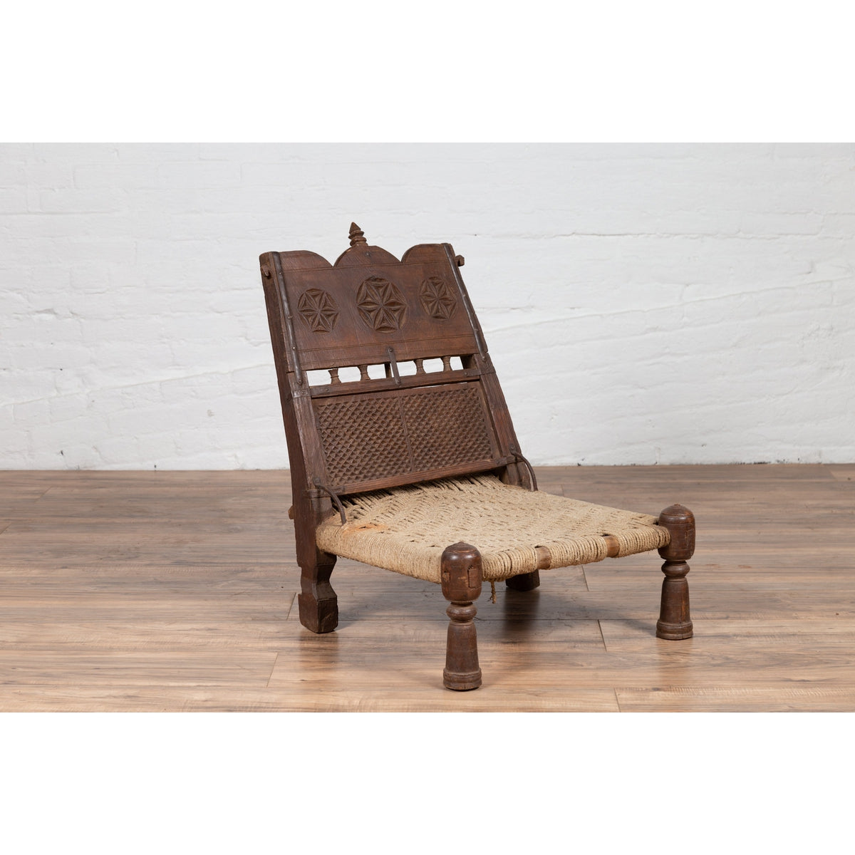 Antique Indian Rustic Low Seat Wooden Chair with Carved Rosettes and Twine Seat-5. Asian & Chinese Furniture, Art, Antiques, Vintage Home Décor for sale at FEA Home