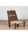 Antique Indian Rustic Low Seat Wooden Chair with Carved Rosettes and Twine Seat-5. Asian & Chinese Furniture, Art, Antiques, Vintage Home Décor for sale at FEA Home