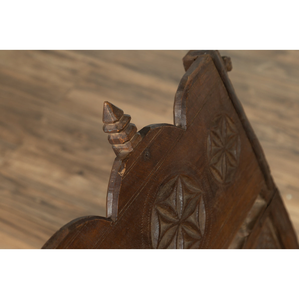 Antique Indian Rustic Low Seat Wooden Chair with Carved Rosettes and Twine Seat-9. Asian & Chinese Furniture, Art, Antiques, Vintage Home Décor for sale at FEA Home