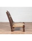 Antique Indian Rustic Low Seat Wooden Chair with Carved Rosettes and Twine Seat-6. Asian & Chinese Furniture, Art, Antiques, Vintage Home Décor for sale at FEA Home