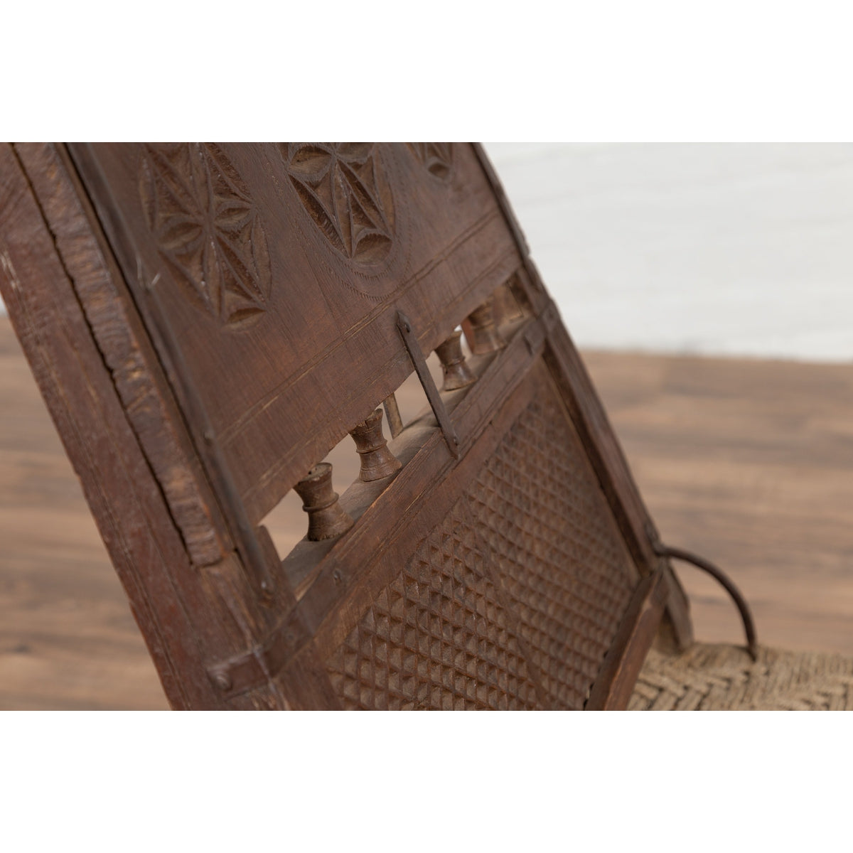Antique Indian Rustic Low Seat Wooden Chair with Carved Rosettes and Twine Seat-10. Asian & Chinese Furniture, Art, Antiques, Vintage Home Décor for sale at FEA Home