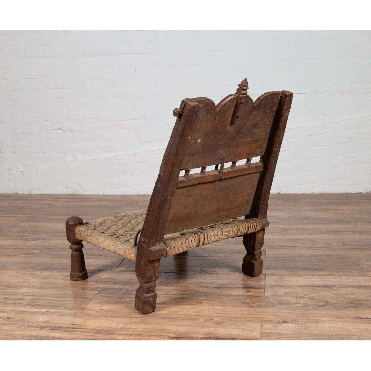 Antique Indian Rustic Low Seat Wooden Chair with Carved Rosettes and Twine Seat-7. Asian & Chinese Furniture, Art, Antiques, Vintage Home Décor for sale at FEA Home