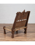 Antique Indian Rustic Low Seat Wooden Chair with Carved Rosettes and Twine Seat-7. Asian & Chinese Furniture, Art, Antiques, Vintage Home Décor for sale at FEA Home