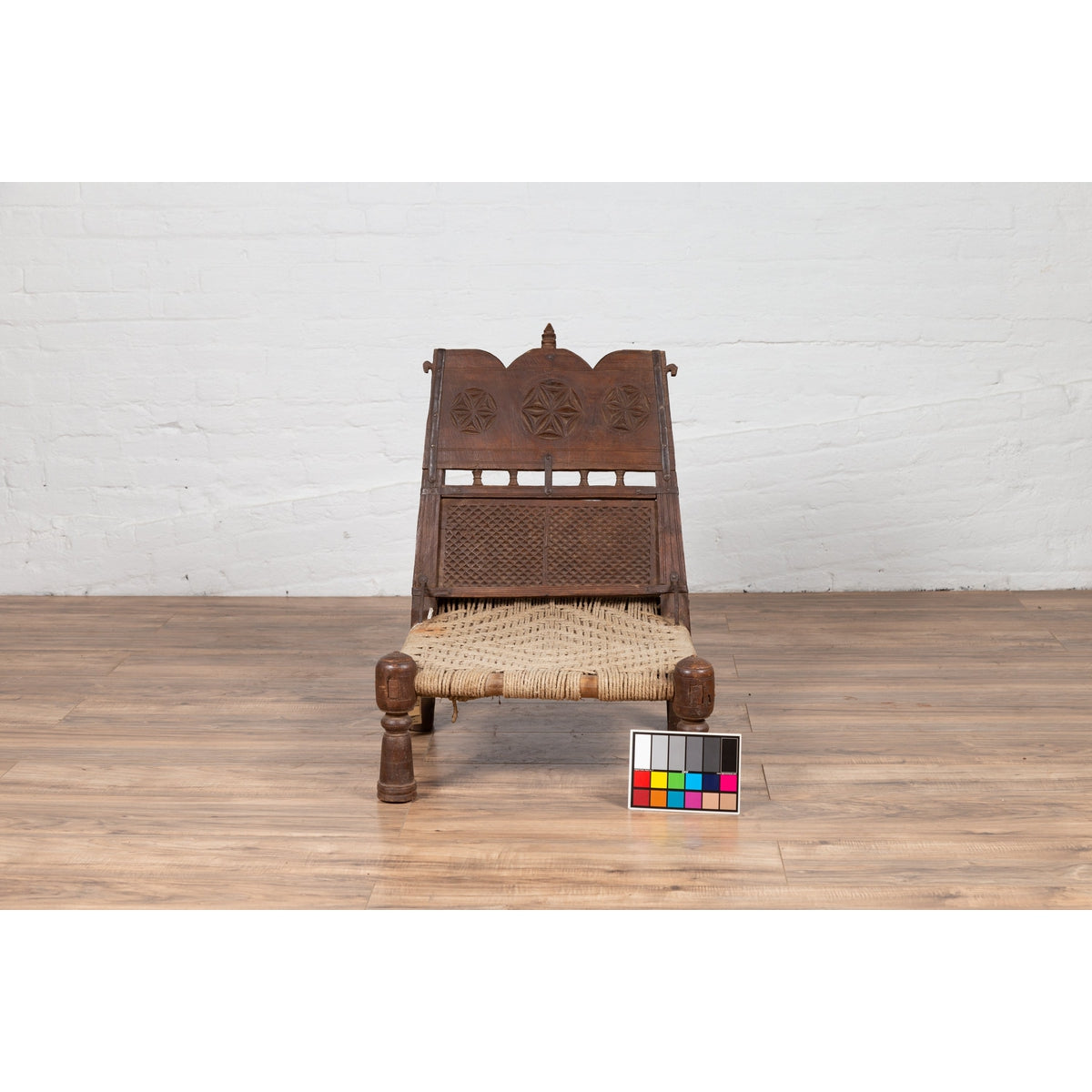 Antique Indian Rustic Low Seat Wooden Chair with Carved Rosettes and Twine Seat-3. Asian & Chinese Furniture, Art, Antiques, Vintage Home Décor for sale at FEA Home
