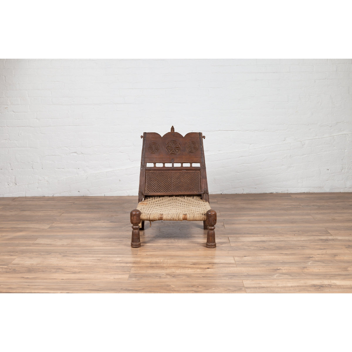 Antique Indian Rustic Low Seat Wooden Chair with Carved Rosettes and Twine Seat-4. Asian & Chinese Furniture, Art, Antiques, Vintage Home Décor for sale at FEA Home