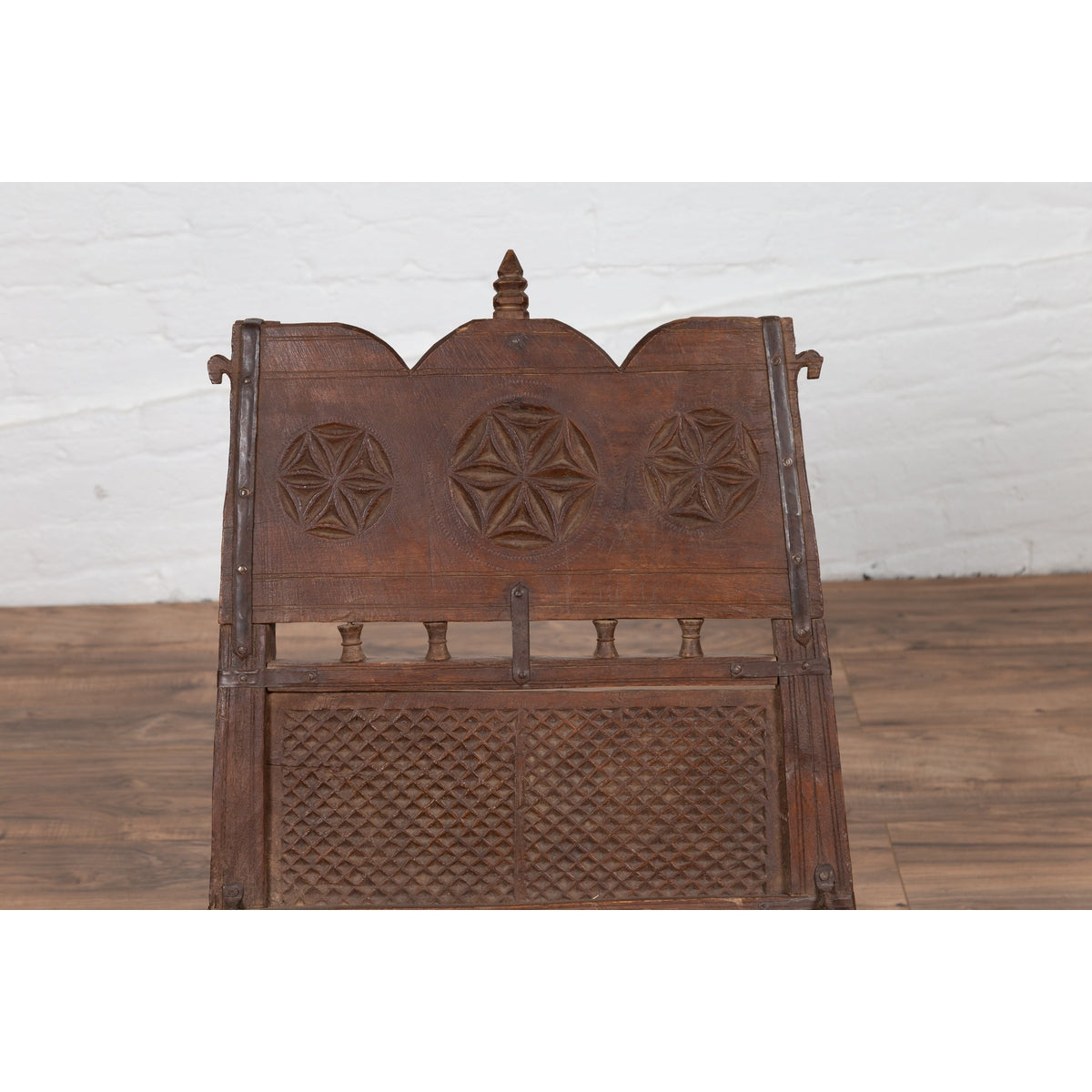 Antique Indian Rustic Low Seat Wooden Chair with Carved Rosettes and Twine Seat-12. Asian & Chinese Furniture, Art, Antiques, Vintage Home Décor for sale at FEA Home