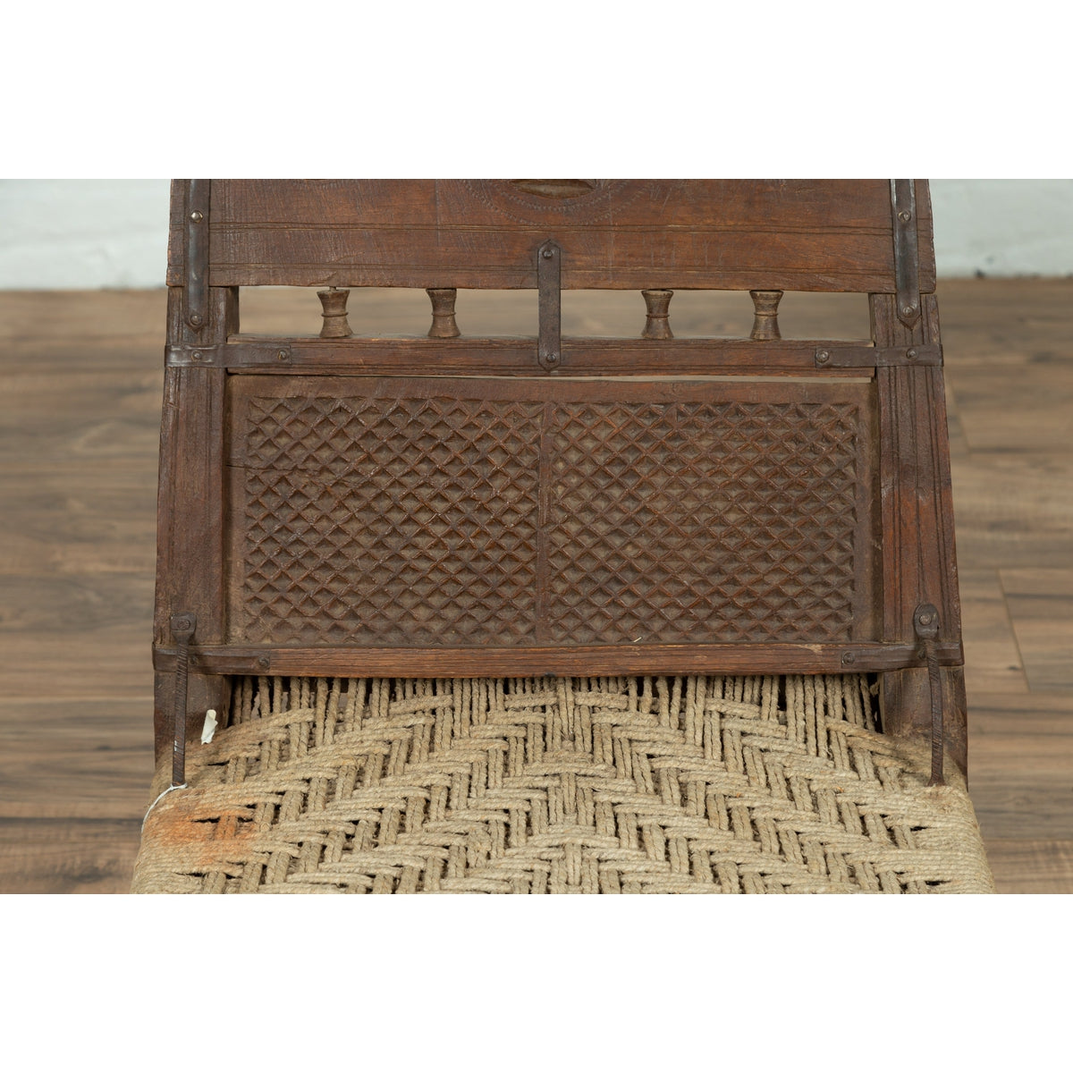 Antique Indian Rustic Low Seat Wooden Chair with Carved Rosettes and Twine Seat-13. Asian & Chinese Furniture, Art, Antiques, Vintage Home Décor for sale at FEA Home