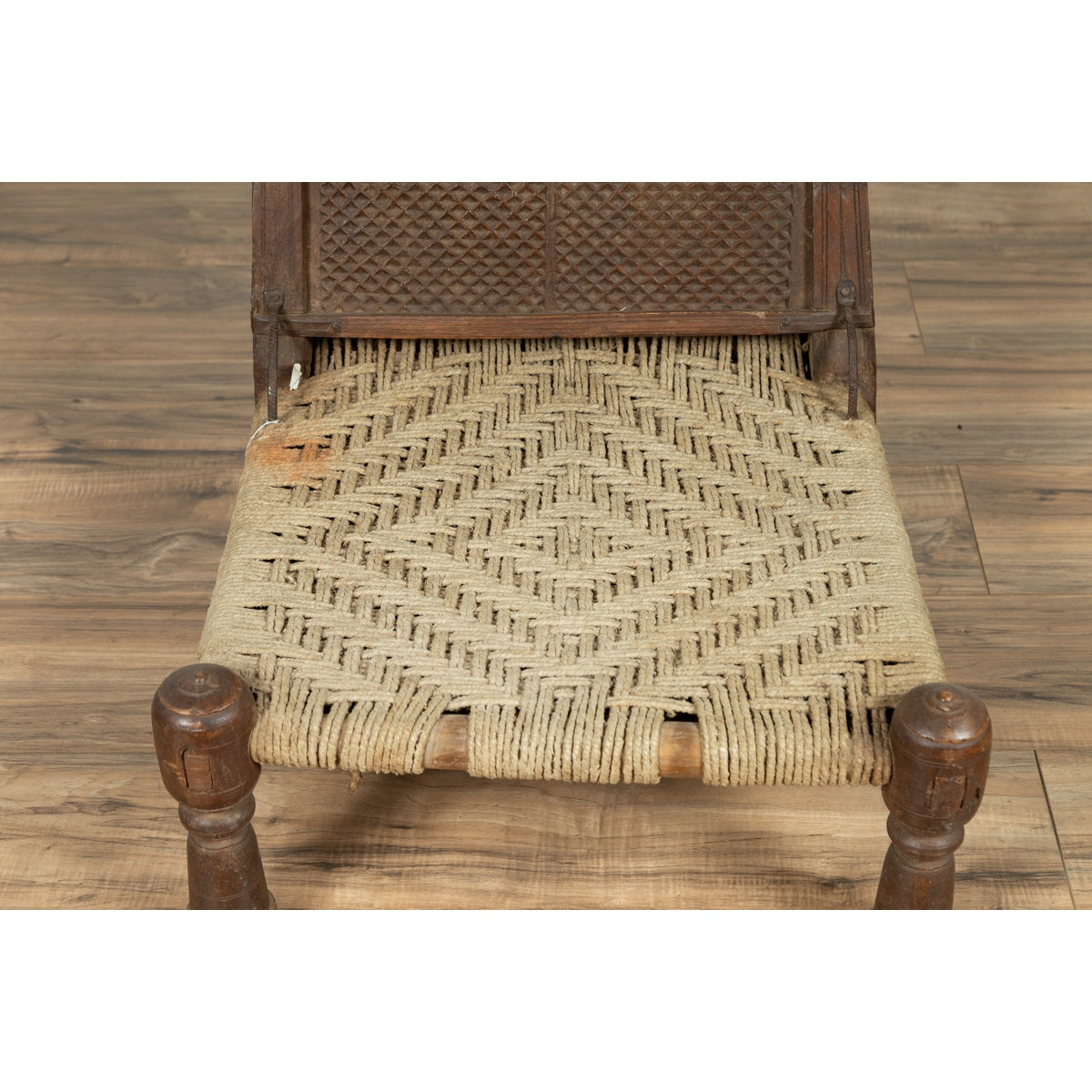 Antique Indian Rustic Low Seat Wooden Chair with Carved Rosettes and Twine Seat-14. Asian & Chinese Furniture, Art, Antiques, Vintage Home Décor for sale at FEA Home