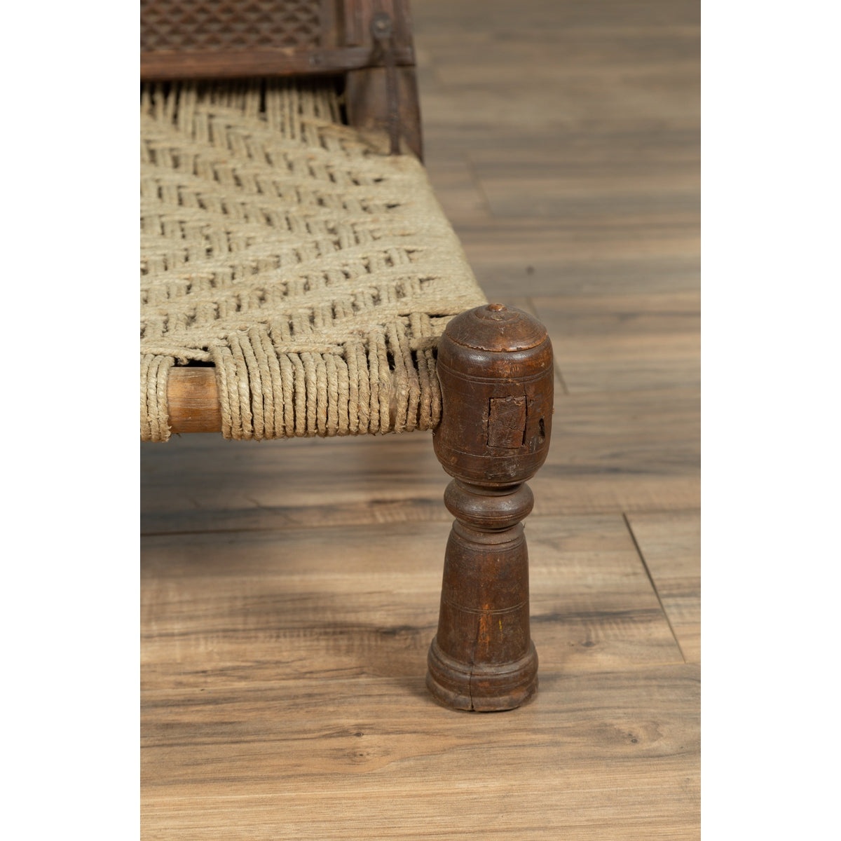 Antique Indian Rustic Low Seat Wooden Chair with Carved Rosettes and Twine Seat-15. Asian & Chinese Furniture, Art, Antiques, Vintage Home Décor for sale at FEA Home