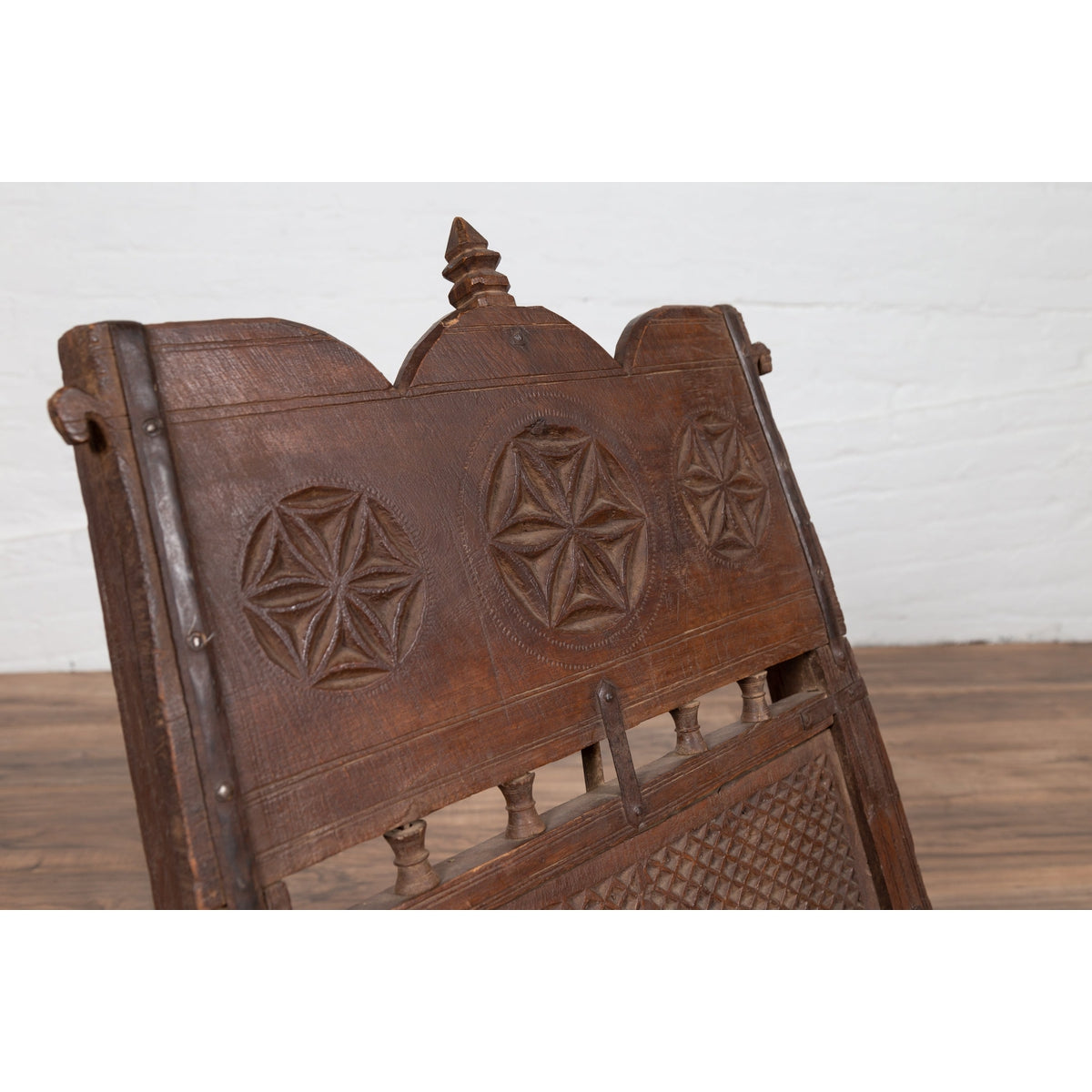 Antique Indian Rustic Low Seat Wooden Chair with Carved Rosettes and Twine Seat-8. Asian & Chinese Furniture, Art, Antiques, Vintage Home Décor for sale at FEA Home