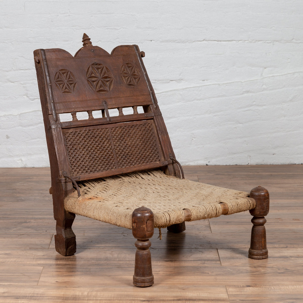 Antique Indian Rustic Low Seat Wooden Chair with Carved Rosettes and Twine Seat-2. Asian & Chinese Furniture, Art, Antiques, Vintage Home Décor for sale at FEA Home