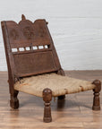 Antique Indian Rustic Low Seat Wooden Chair with Carved Rosettes and Twine Seat-2. Asian & Chinese Furniture, Art, Antiques, Vintage Home Décor for sale at FEA Home