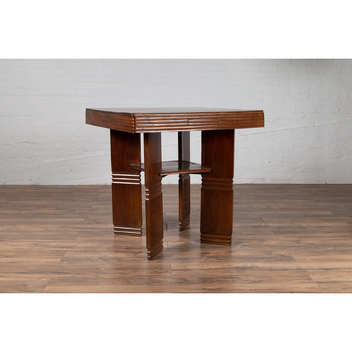 Chinese Vintage Art Deco Ribbed Game Table with Pull-Out Drawers and Canted Legs-12. Asian & Chinese Furniture, Art, Antiques, Vintage Home Décor for sale at FEA Home