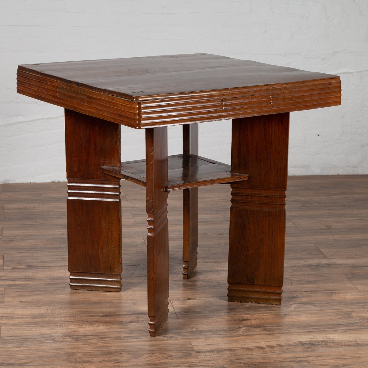 Chinese Vintage Art Deco Ribbed Game Table with Pull-Out Drawers and Canted Legs-2. Asian & Chinese Furniture, Art, Antiques, Vintage Home Décor for sale at FEA Home