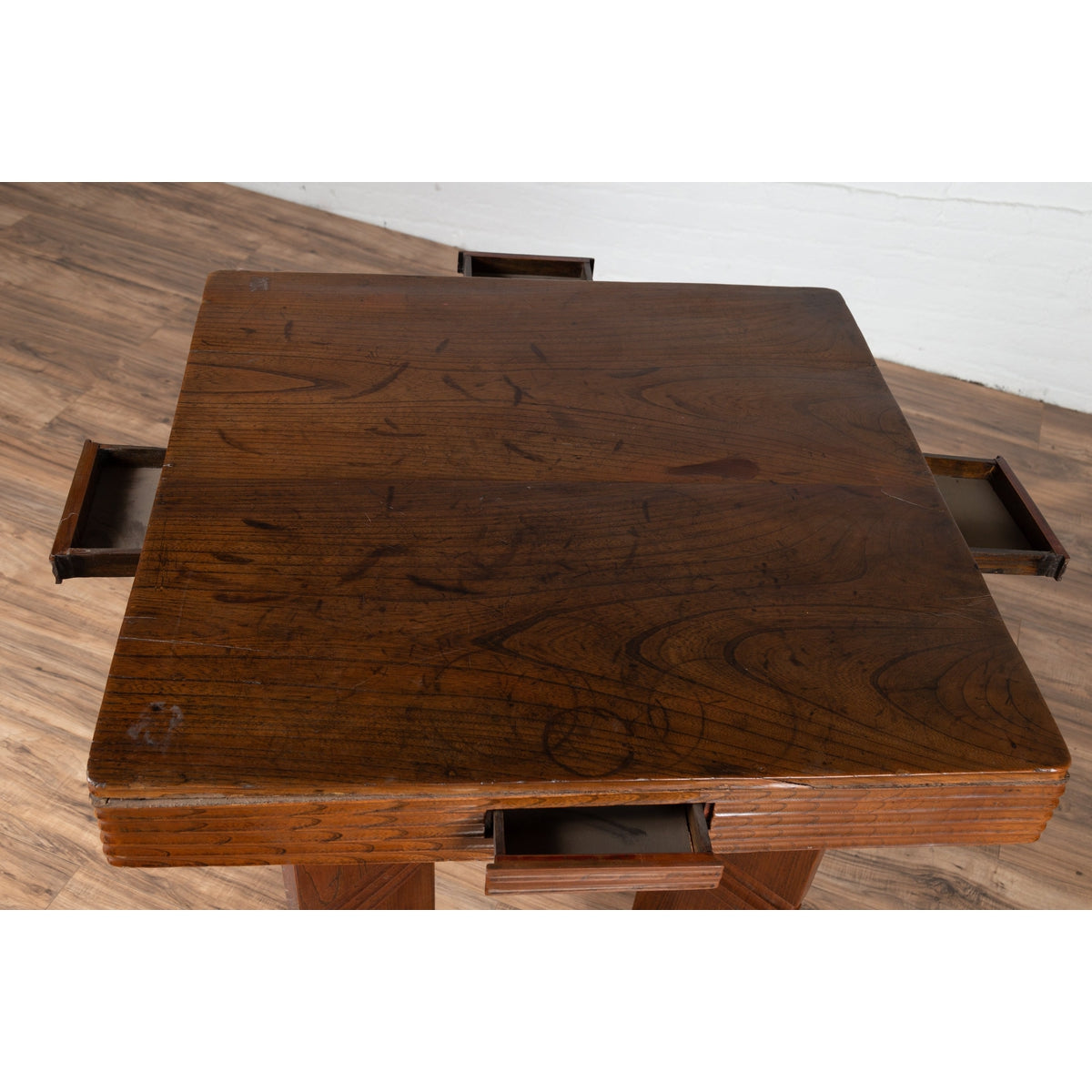 Chinese Vintage Art Deco Ribbed Game Table with Pull-Out Drawers and Canted Legs-5. Asian & Chinese Furniture, Art, Antiques, Vintage Home Décor for sale at FEA Home